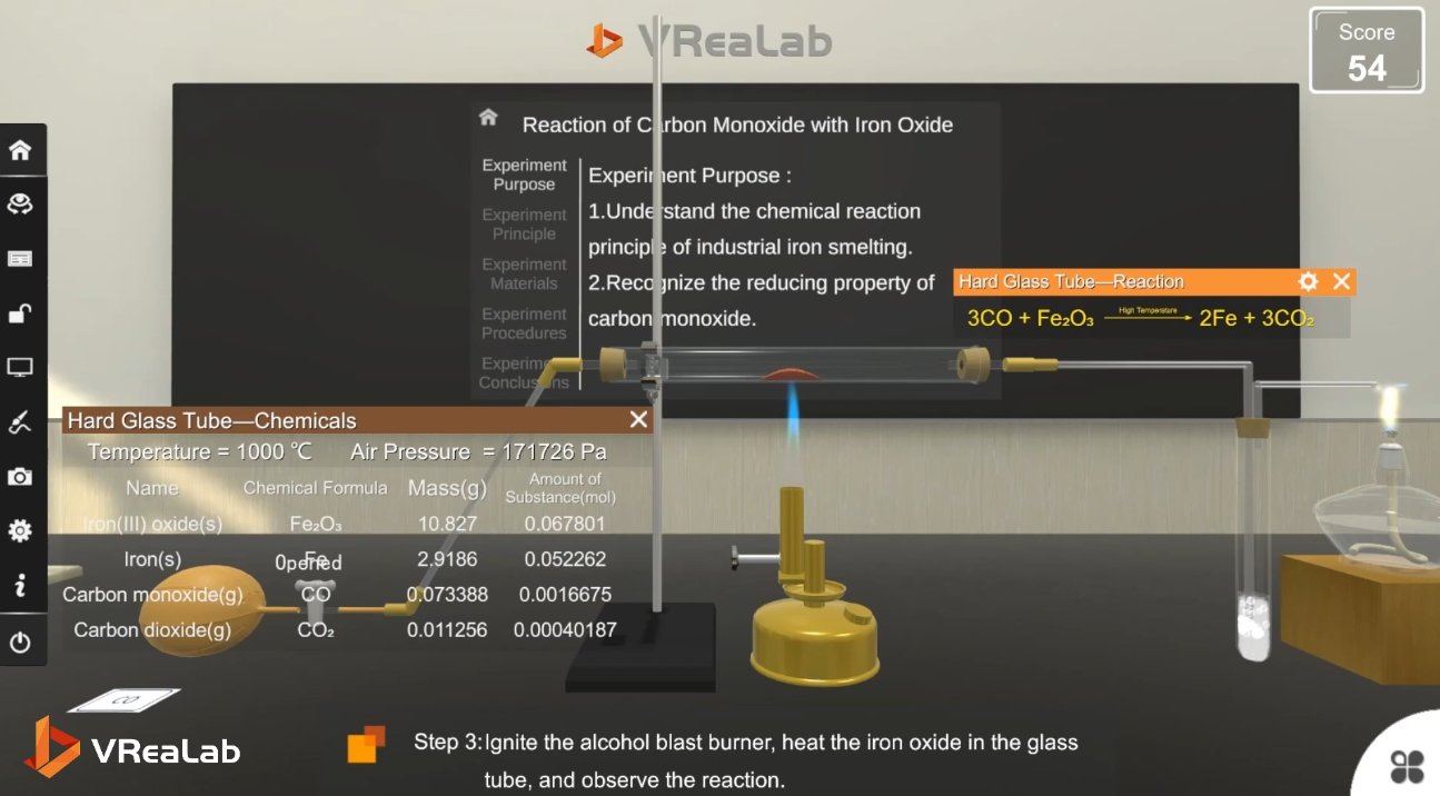 Carbon monoxide and iron oxide redox reaction in VR Chemistry Lab