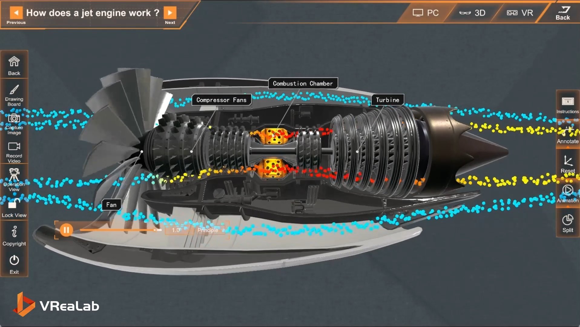 Principle view of jet engine with air particle streams