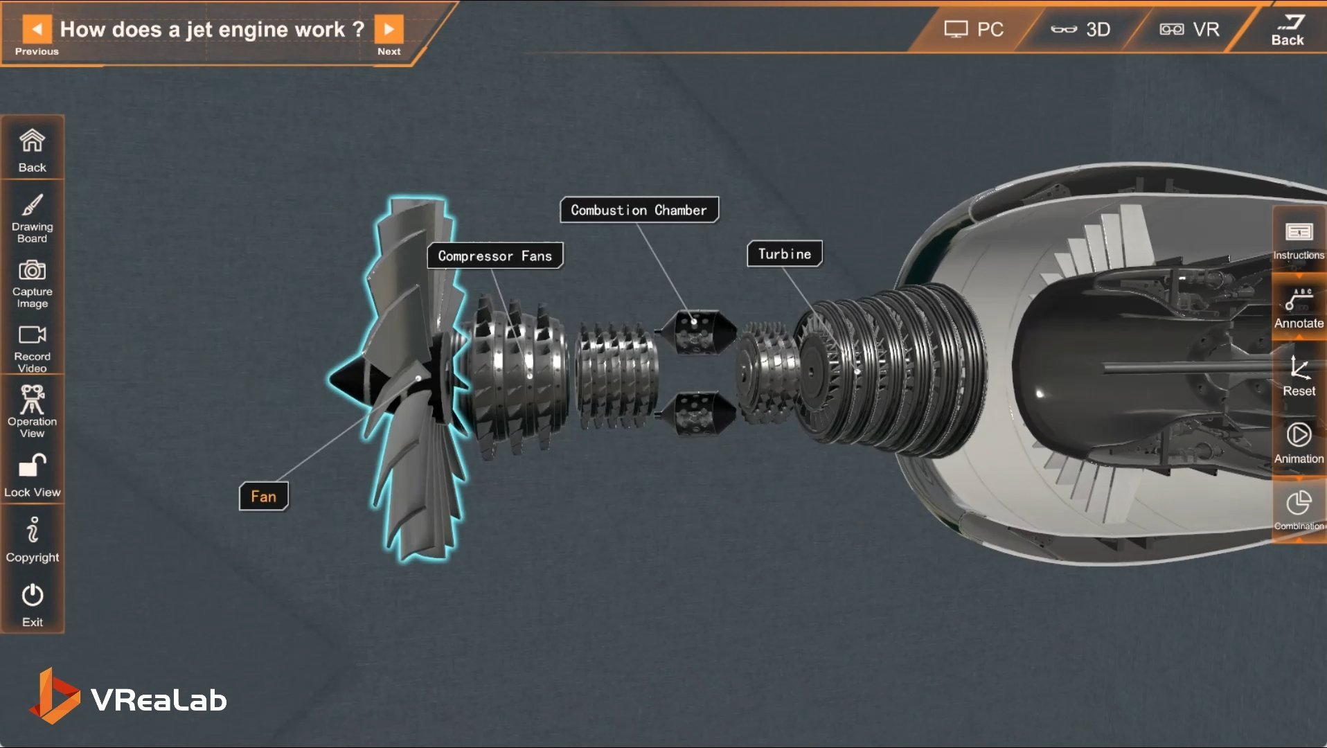 Exploded view showing Fan, Compressor, Combustion Chamber, and Turbine along a single shaft