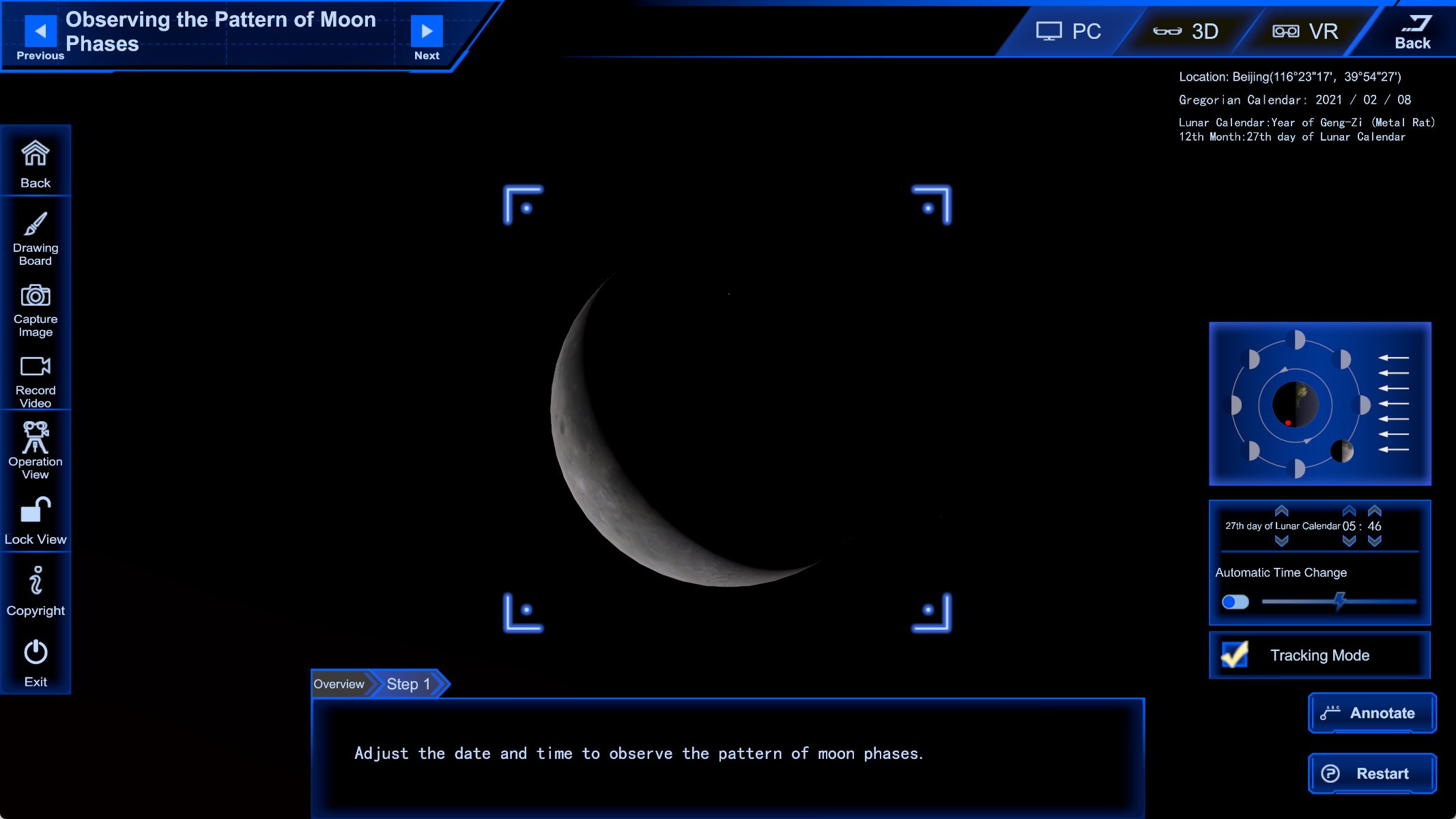 Day 25 waning crescent moon in VR science lab