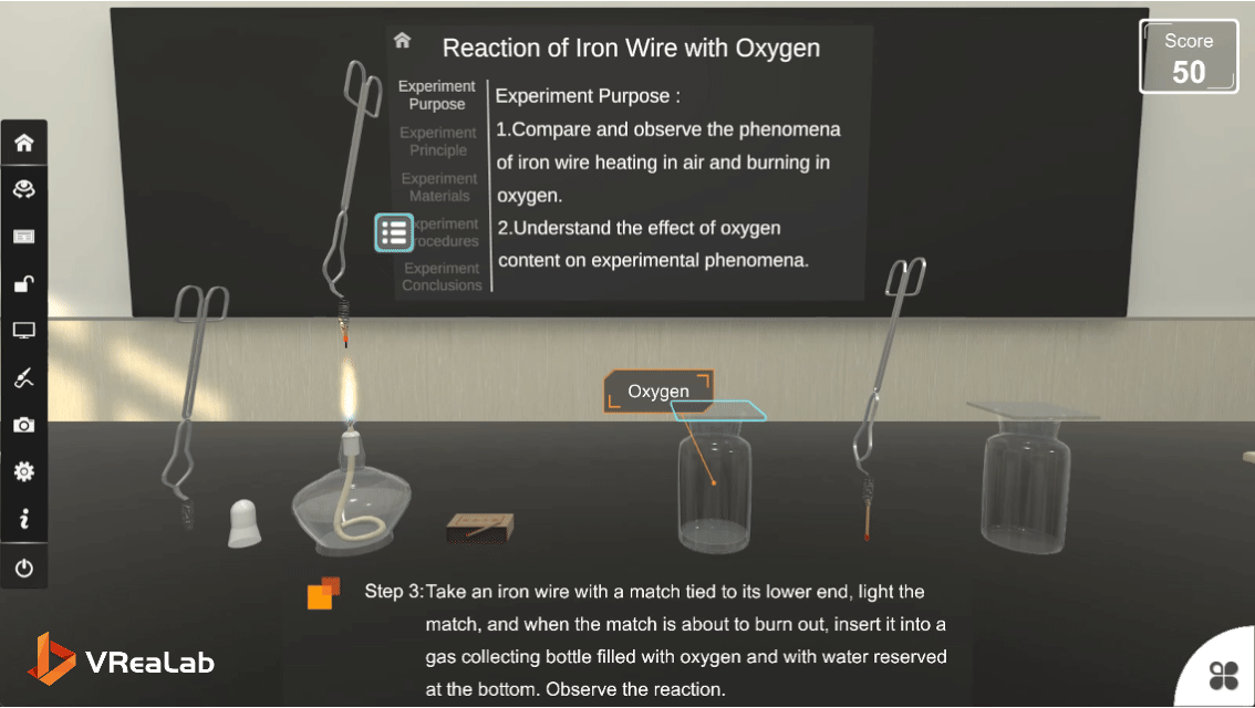 VR lab experiment: Reaction of Iron Wire with Oxygen