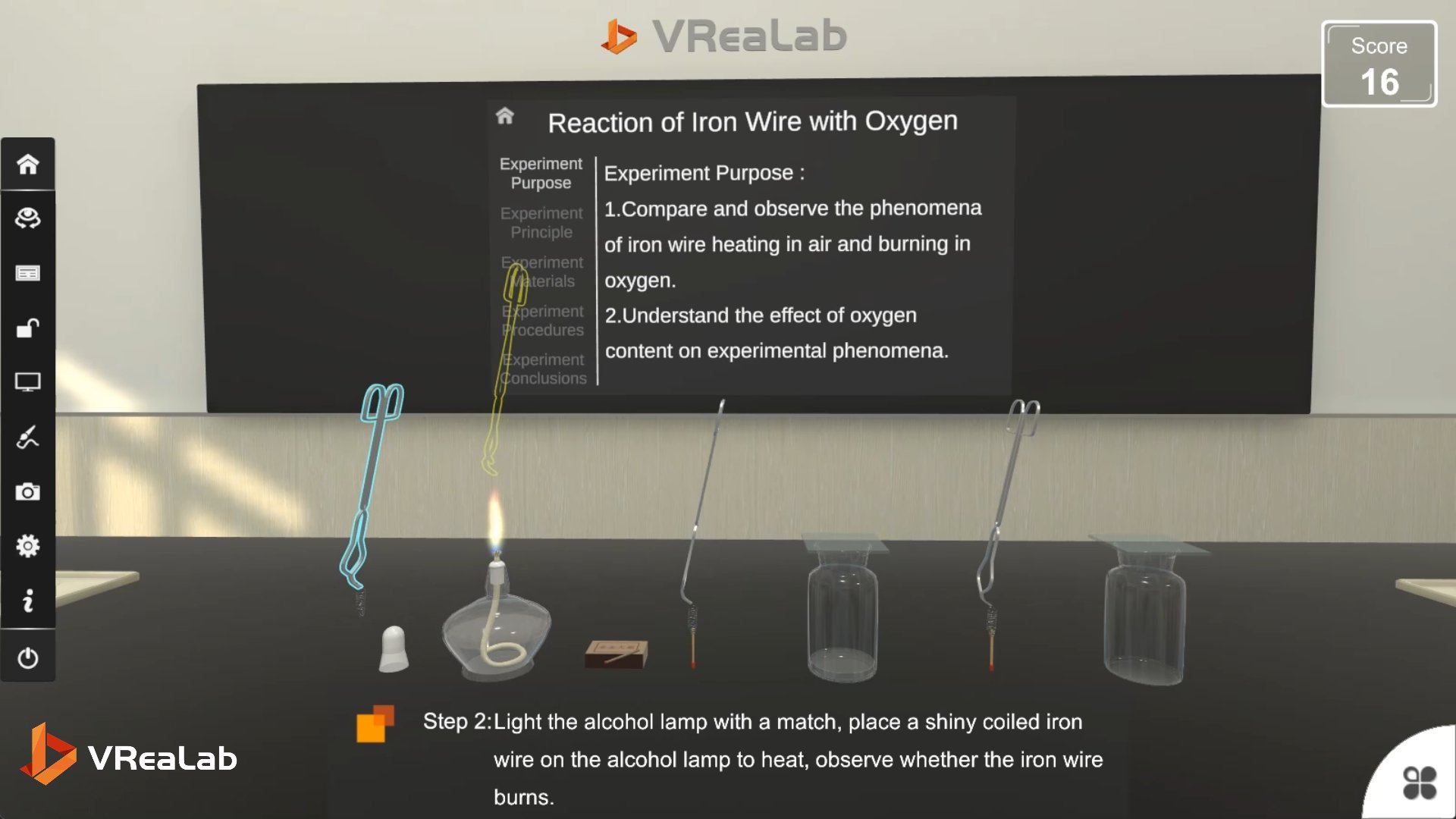 Lighting the alcohol lamp and heating the coiled iron wire in VR Chemistry Lab