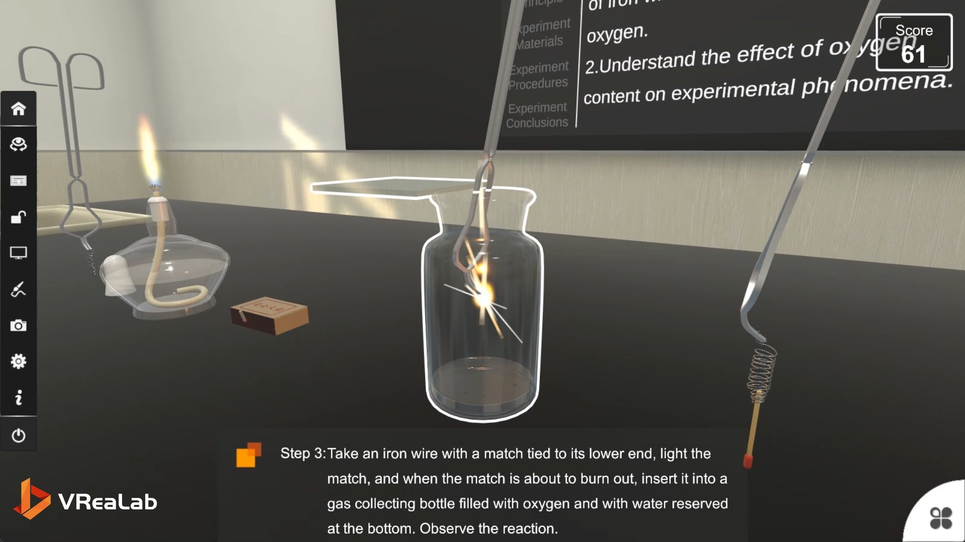 Close-up of intense sparks from iron burning in pure oxygen virtual lab