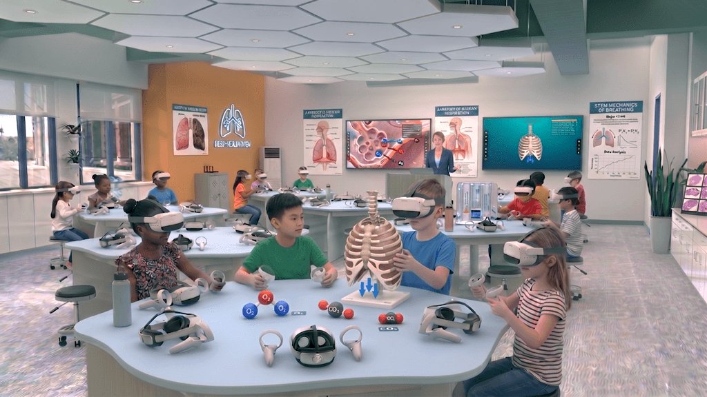 Students explore the respiratory system with O2 and CO2 molecular models in an immersive VR classroom